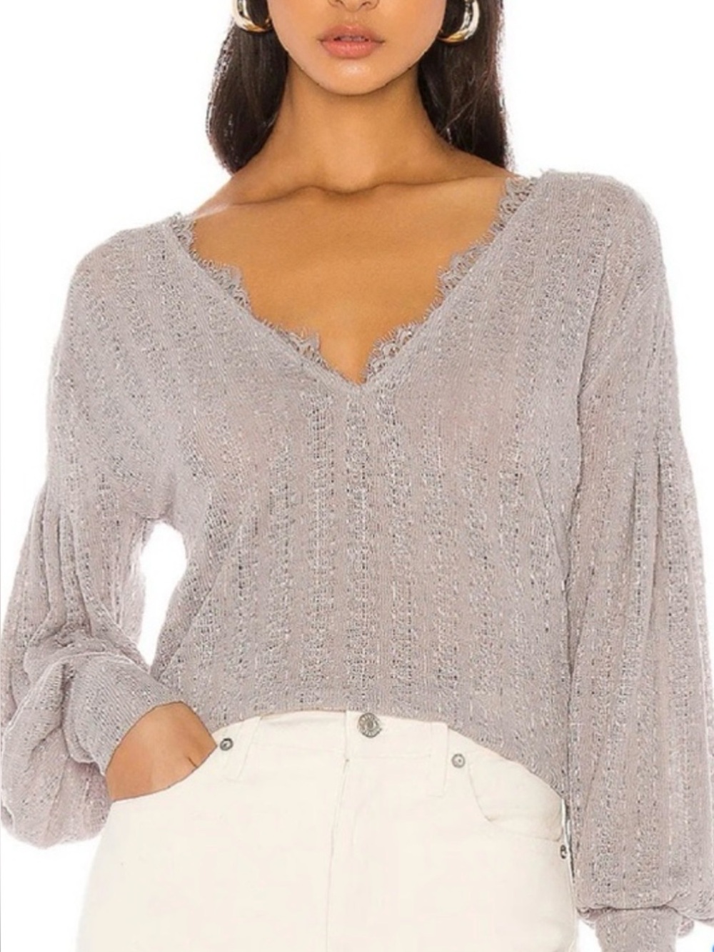 Free People Dream Girl Pointelle Knit V Neck Long Sleeve Top Light Gray